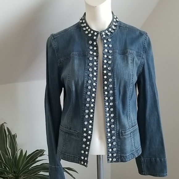 Chico's Platinum Denim Jeans embellished Jacket - Picture 3 of 16